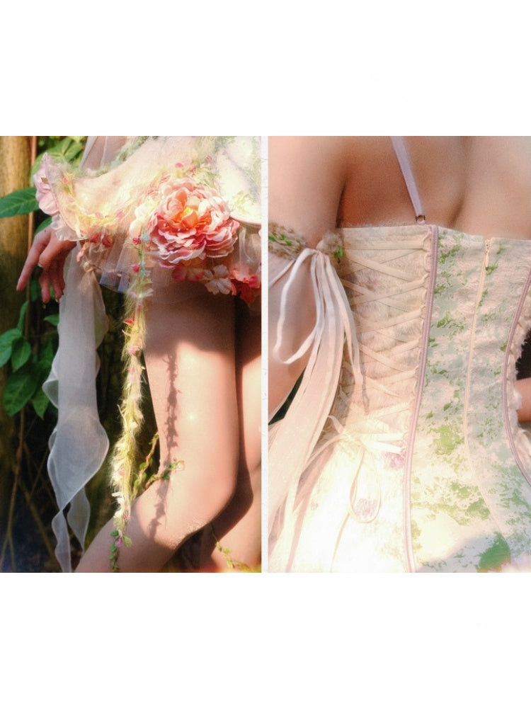 Forest Fairy Floral Lace Corset Dress 4-iece Set【s0000011761】