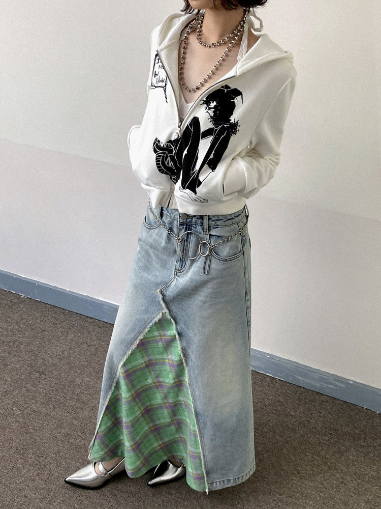Front Slit Denim Checked A-Line Skirt【s0000011905】