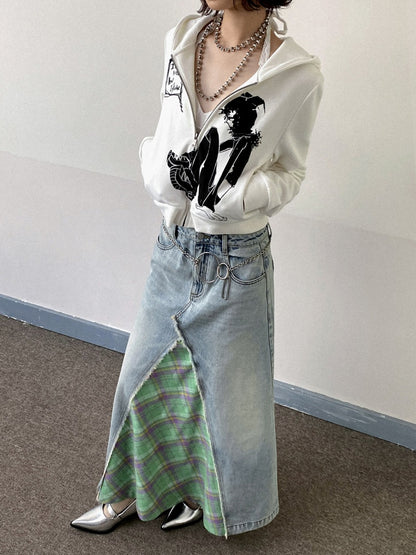 Front Slit Denim Checked A-Line Skirt【s0000011905】