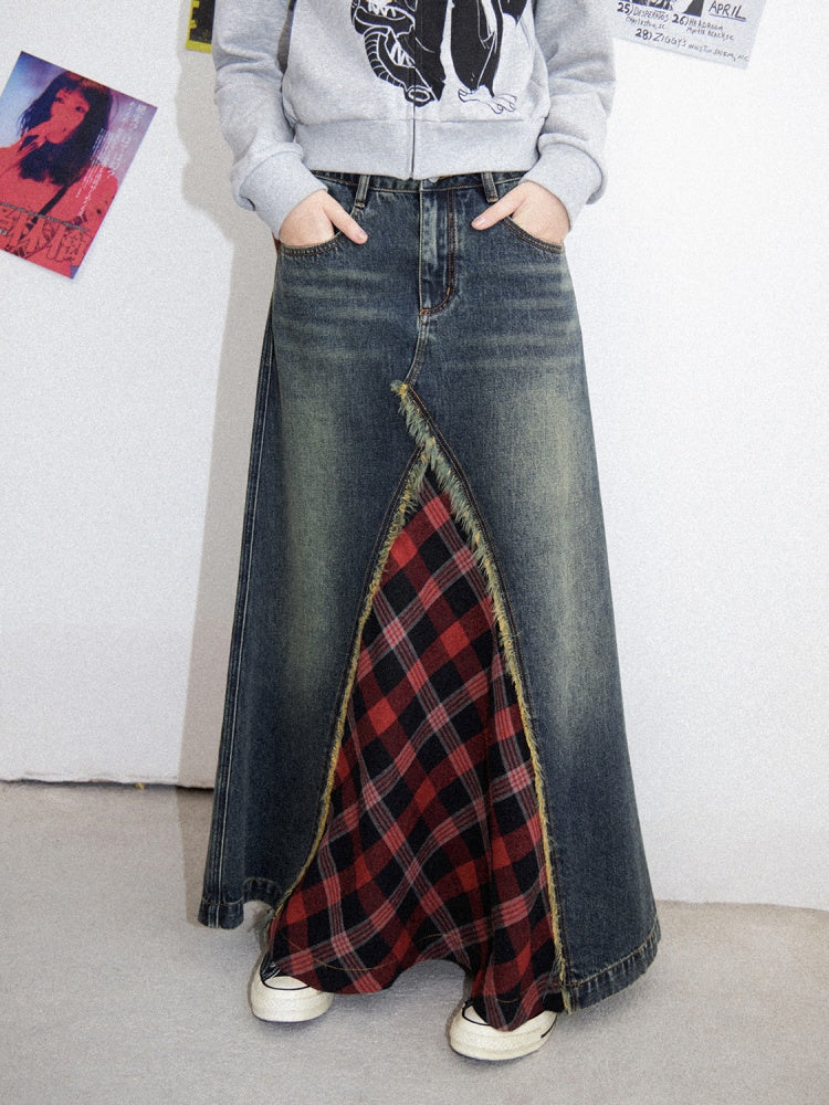 Front Slit Denim Checked A-Line Skirt【s0000011905】