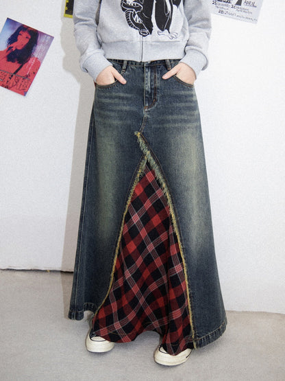 Front Slit Denim Checked A-Line Skirt【s0000011905】