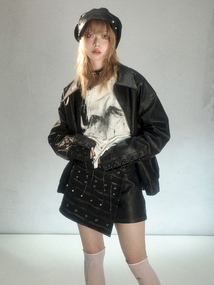 Moth Print Tie Loose Leather Jacket【s0000004627】