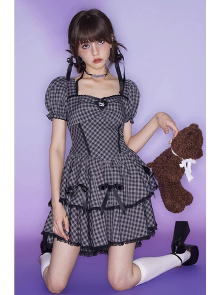 Purple Grid Bowknot Strap Dress【s0000002858】