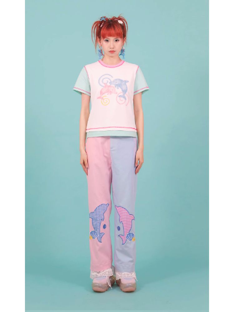 Girl pink blue contrast color loose pants【s0000002764】