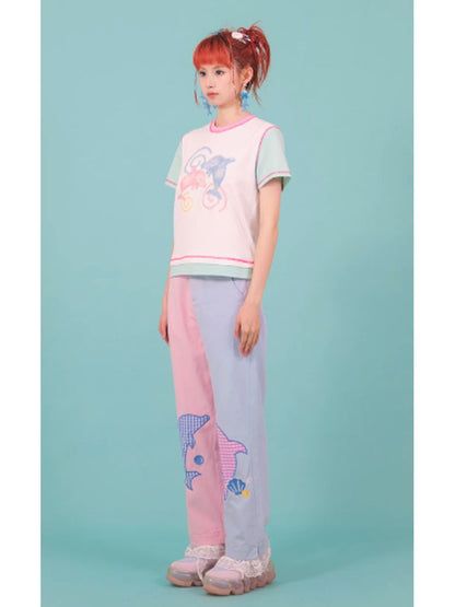 Girl pink blue contrast color loose pants【s0000002764】