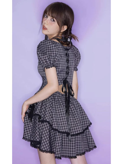 Purple Grid Bowknot Strap Dress【s0000002858】