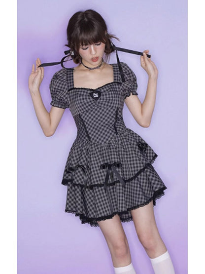 Purple Grid Bowknot Strap Dress【s0000002858】