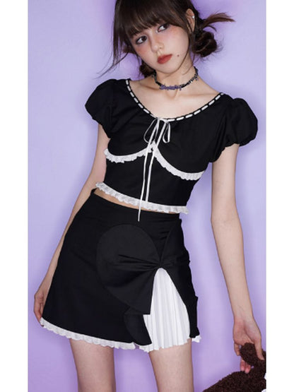 Sweet puff sleeve blouse and skirt【s0000002855】