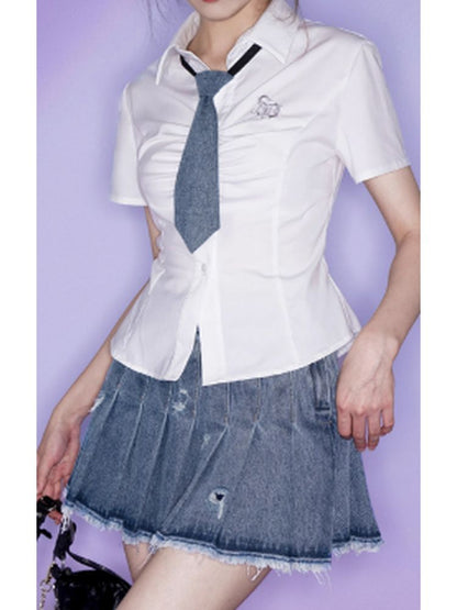 Denim pleated skirt with tie【s0000002852】