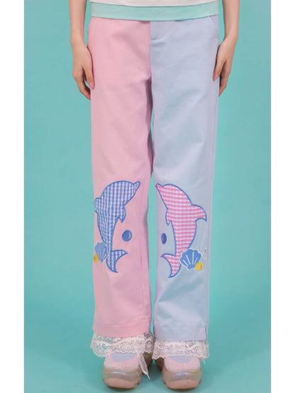 Girl pink blue contrast color loose pants【s0000002764】