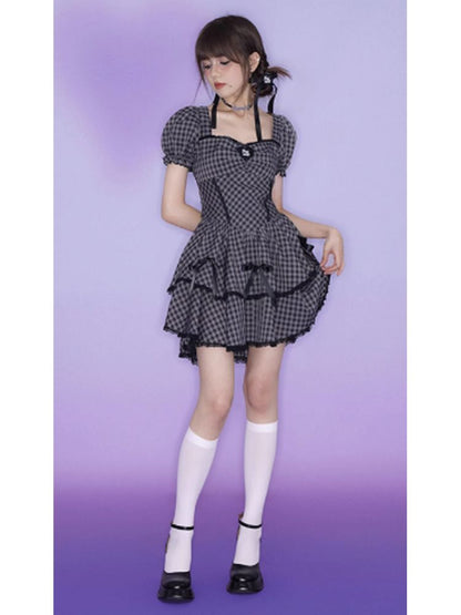 Purple Grid Bowknot Strap Dress【s0000002858】