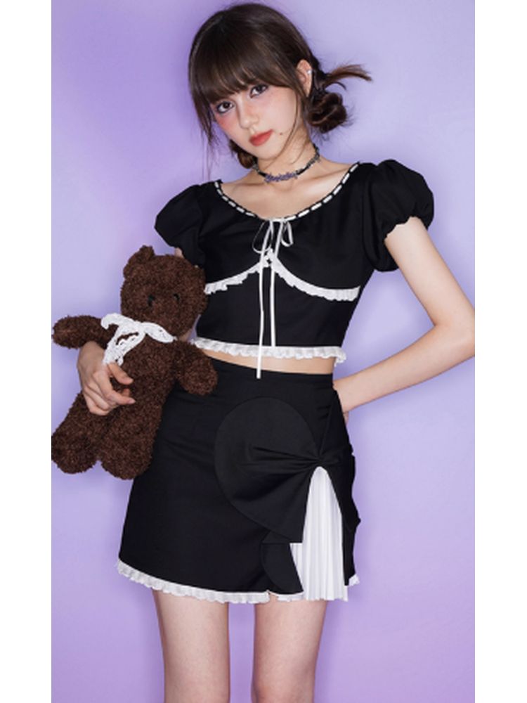 Sweet puff sleeve blouse and skirt【s0000002855】