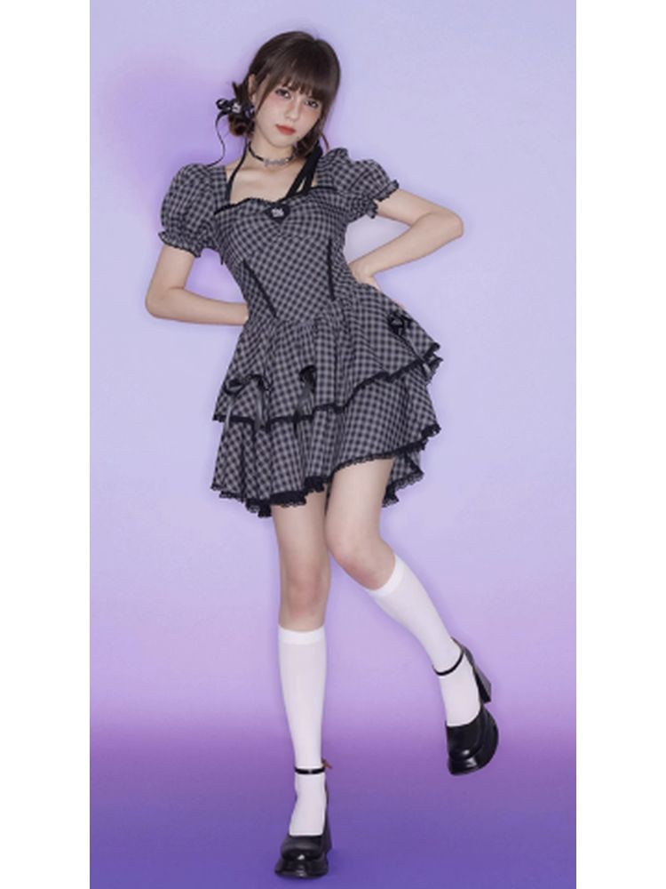 Purple Grid Bowknot Strap Dress【s0000002858】