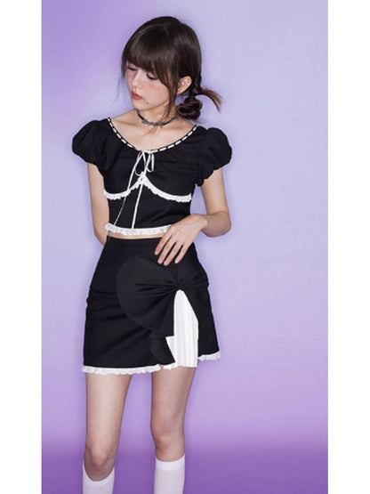 Sweet puff sleeve blouse and skirt【s0000002855】