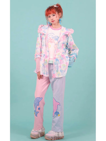 Girl pink blue contrast color loose pants【s0000002764】