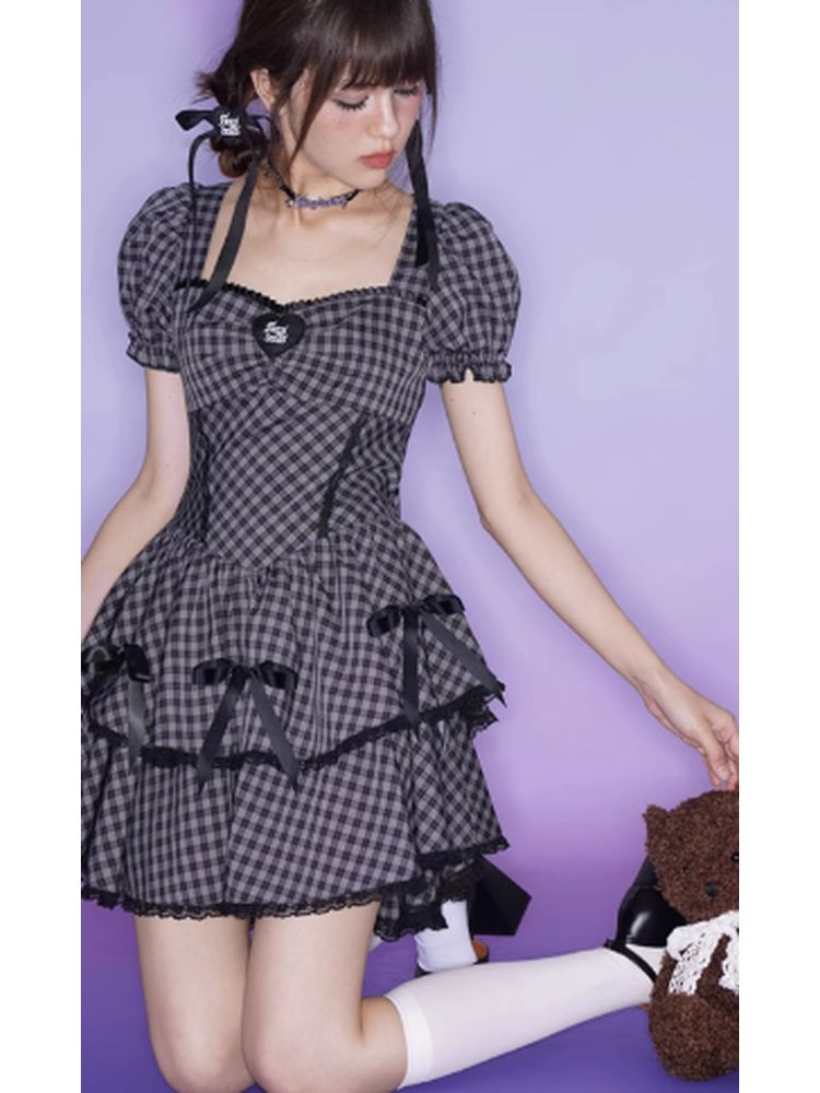 Purple Grid Bowknot Strap Dress【s0000002858】