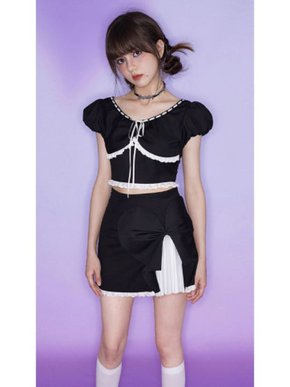 Sweet puff sleeve blouse and skirt【s0000002855】