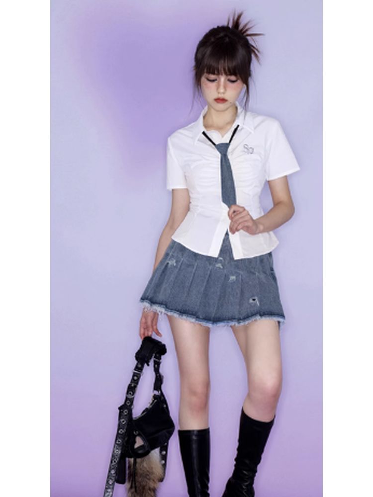 Denim pleated skirt with tie【s0000002852】