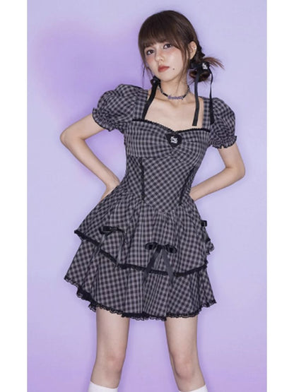 Purple Grid Bowknot Strap Dress【s0000002858】