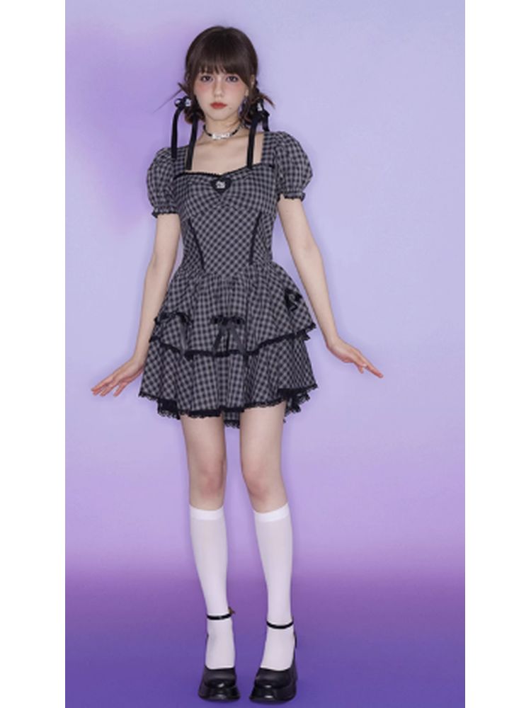 Purple Grid Bowknot Strap Dress【s0000002858】