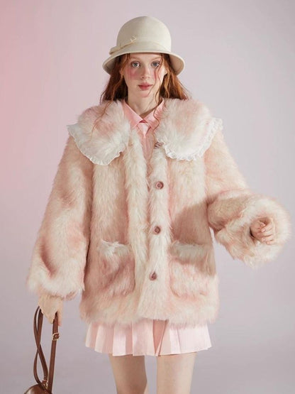 Pink and white gradient double layer collar fur coat【s0000004417】