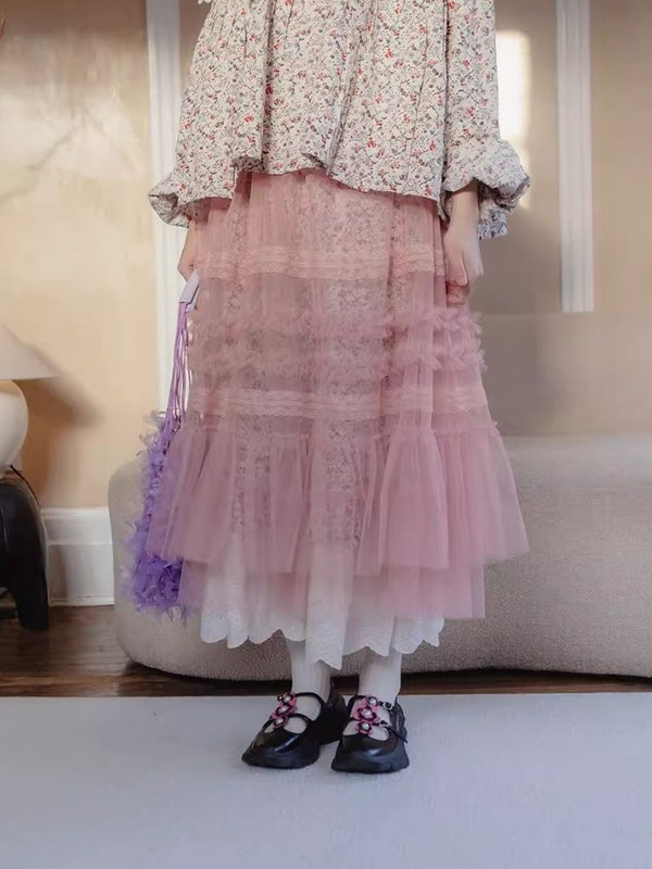 Sweet Cherry Blossom Pink Mesh Half Skirt【s0000007944】