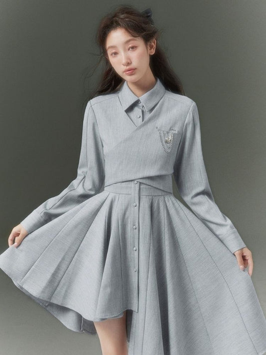 With Brooch Irregular College Shirt Dress【s0000003402】