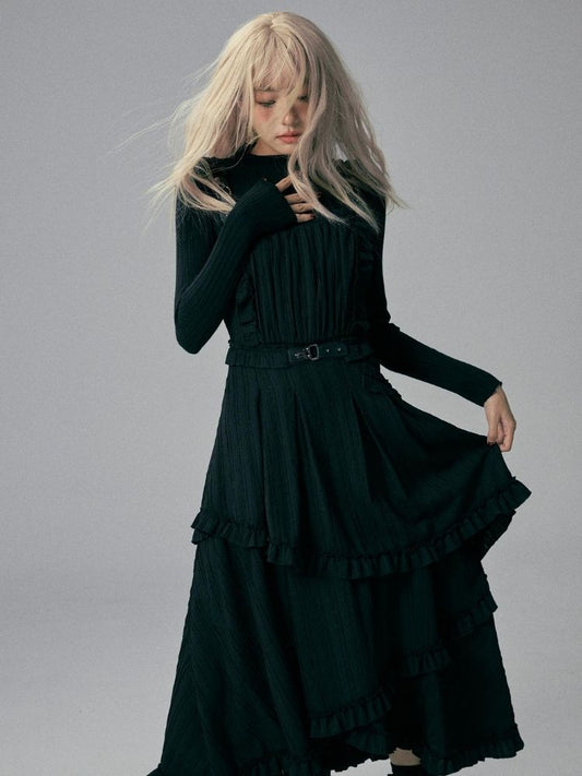 Dark Textured Striped Ruffle Halter Dress【s0000004595】