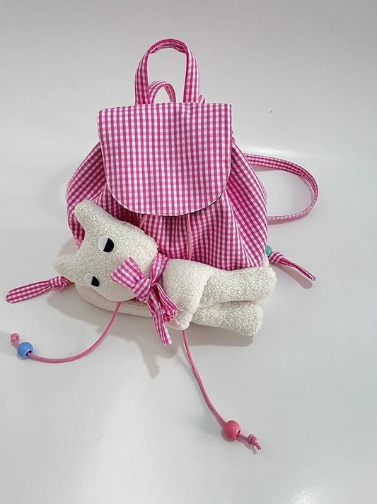 Rabbit Pink Plaid Drawstring Shoulder Bag【s0000005206】
