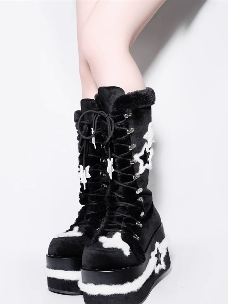 Y2K Subculture Star Plush Mid Calf Boots [s0000005224]