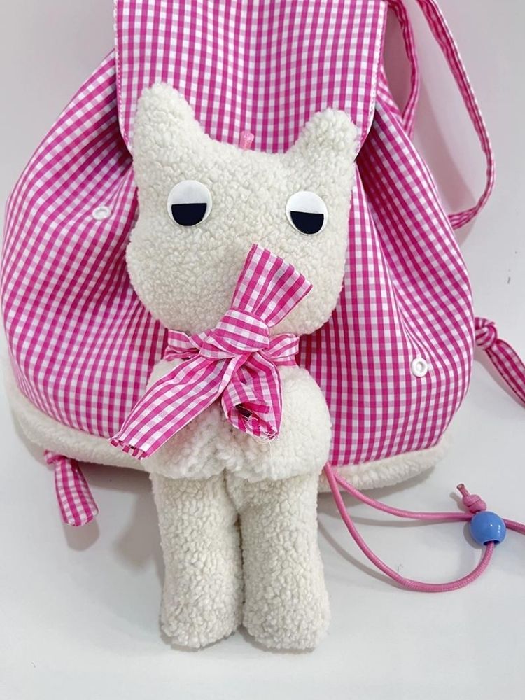 Rabbit Pink Plaid Drawstring Shoulder Bag【s0000005206】