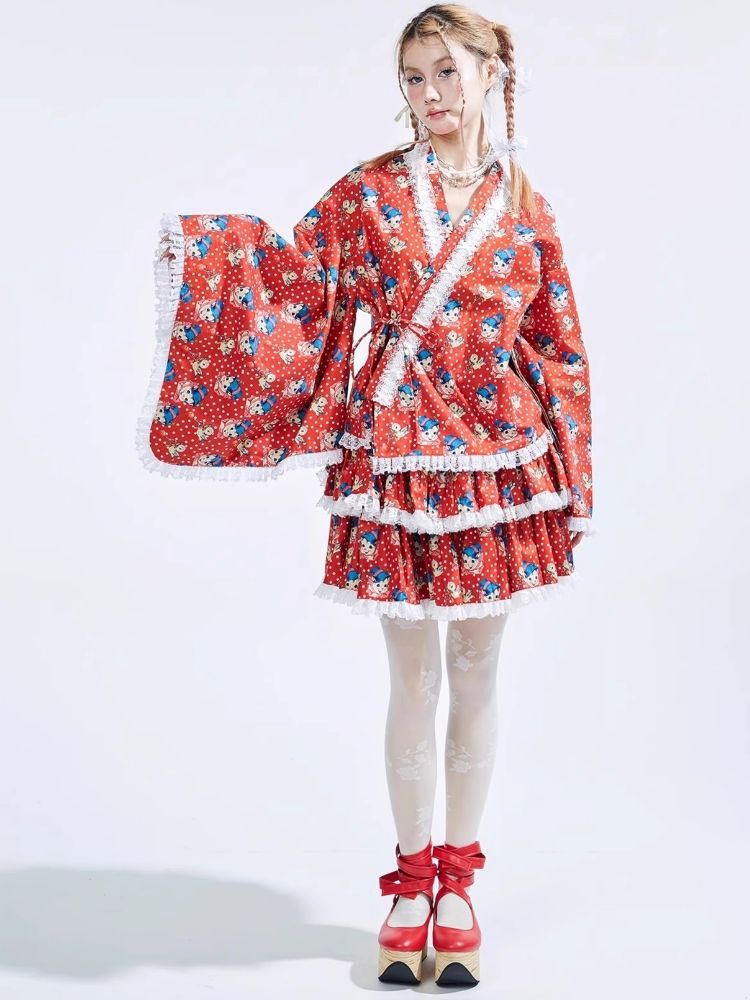 Red Childish Kimono Yukata Tops【s0000008231】