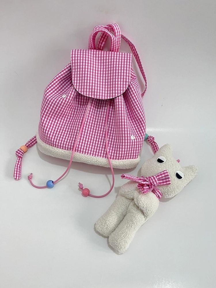 Rabbit Pink Plaid Drawstring Shoulder Bag【s0000005206】
