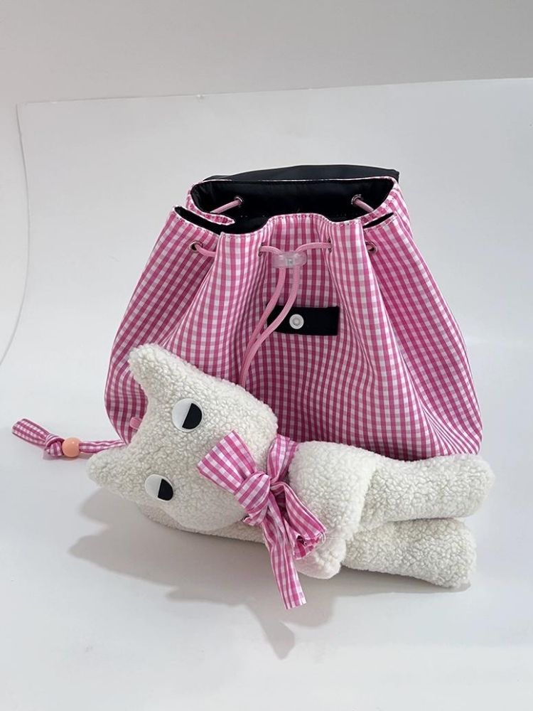 Rabbit Pink Plaid Drawstring Shoulder Bag【s0000005206】