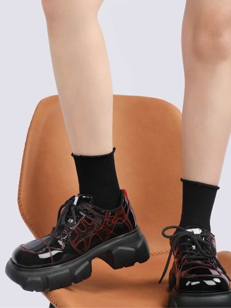 Stitch Square Toe Lace Up Platform Leather Shoes【s0000002308】