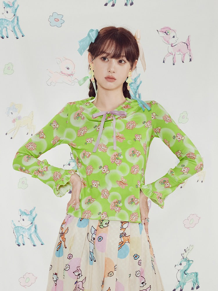 Shimizu Illustration Cute Bear Geometric Pattern Bell Sleeve Knit Tops【s0000003660】