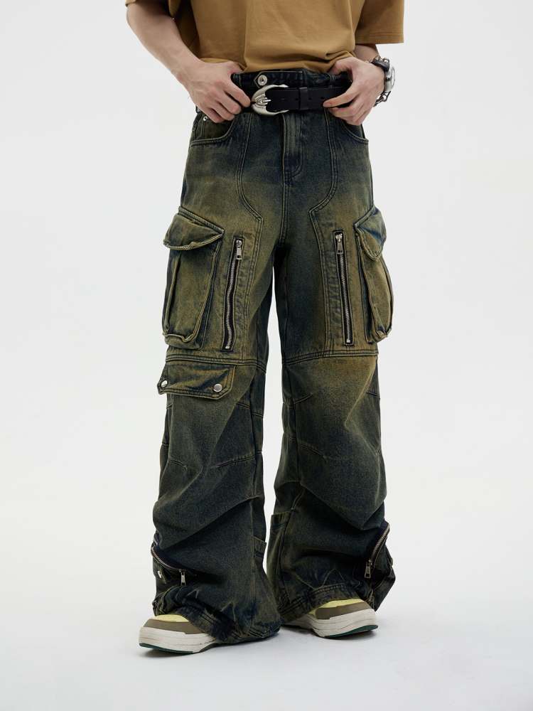 Multi Pocket Wide Leg Washed Denim Jeans【s0000006749】