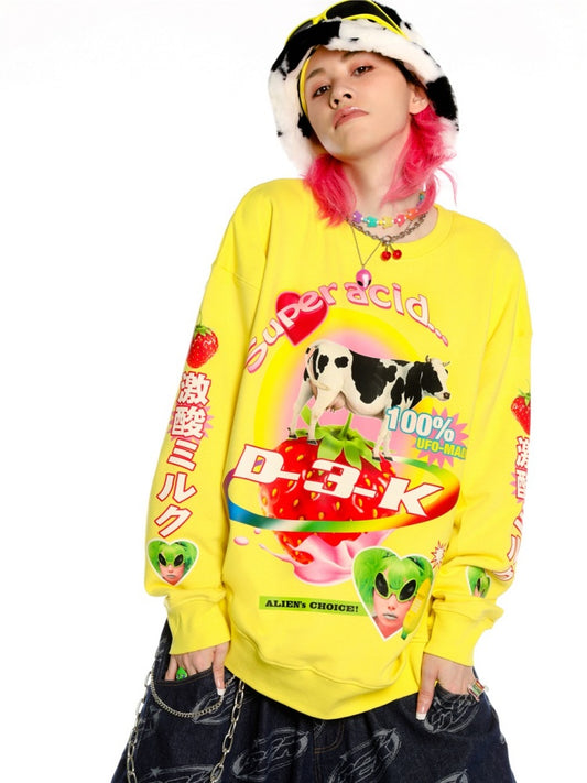 Y2K American Retro Super Acid Milk Print Loose Sweat & Cow Hat【s0000003887】