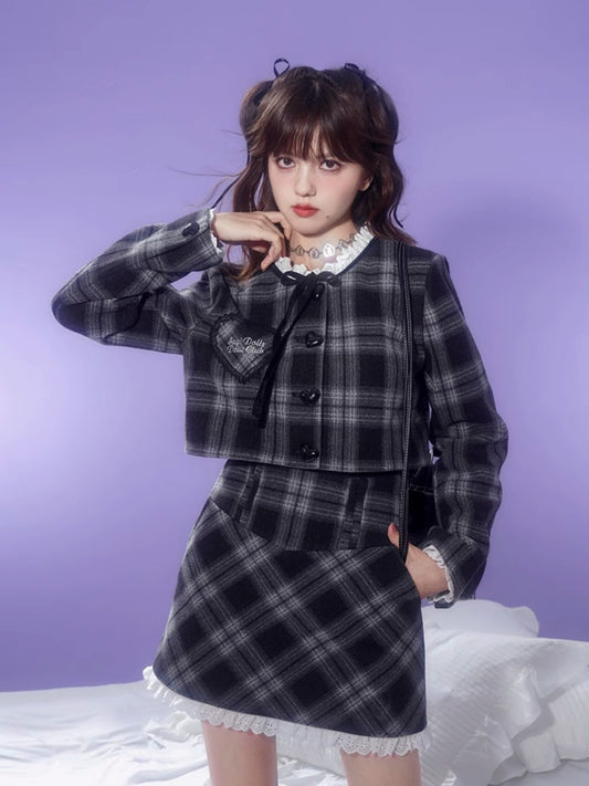 Girly Plaid Pattern Jacket + Skirt Setup【s0000003838】