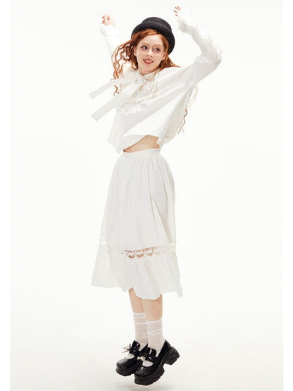 Ruffled Ribbon Shirt &amp; Splicing Lace Skirt【s0000003552】