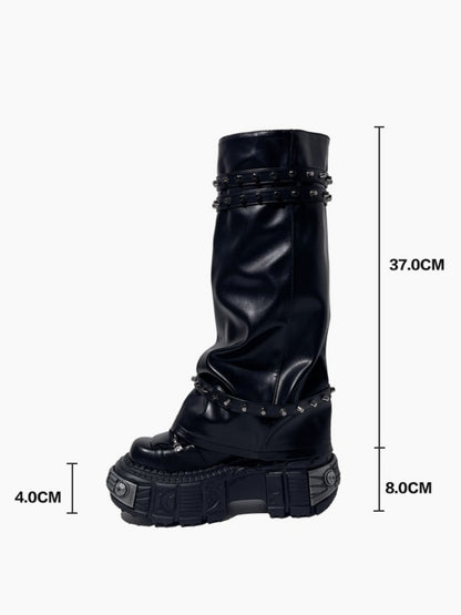 Y2K Retro Punk Style Eyelet Triple Belt Volume Sole Long Tube Boots【s0000005191】