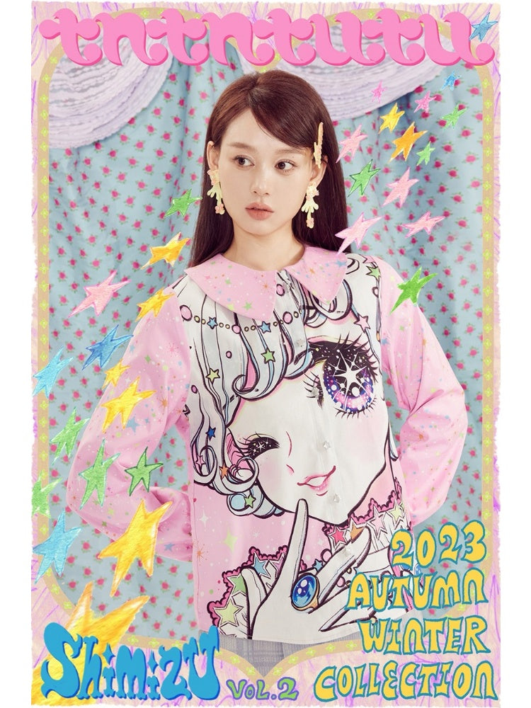 Shimizu Illustration Big Eyes Cute Girl Star Pattern Shirt【s0000003662】