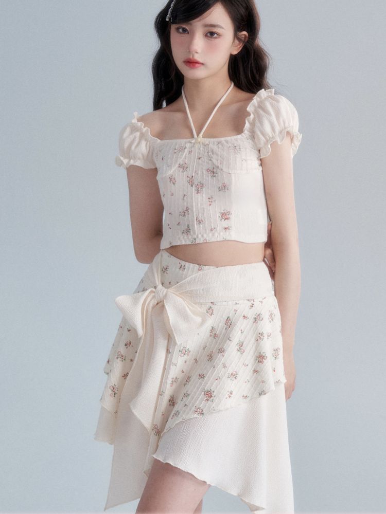 Retro Cream Floral Top / Bow Knot Skirt Set [s0000002006]