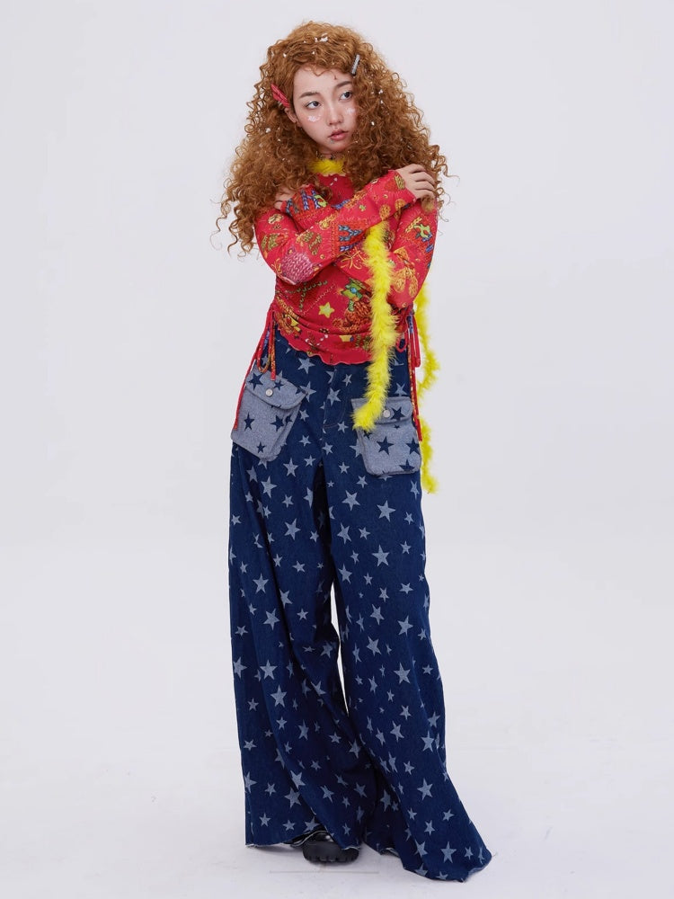 Retro Cute Y2K Star Pattern Wide Leg Loose Mop Jeans Pants [s0000003179]