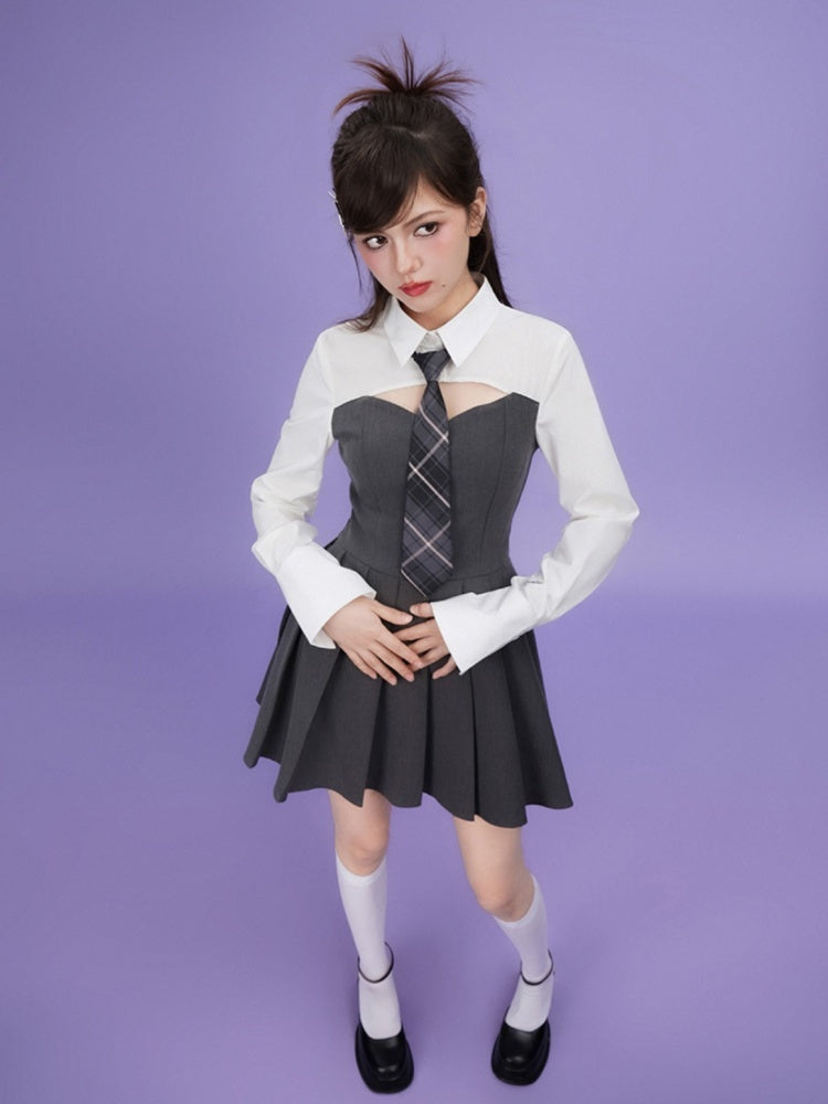 College Style Faux Two Piece Shirt Dress &amp; Tie【s0000003846】