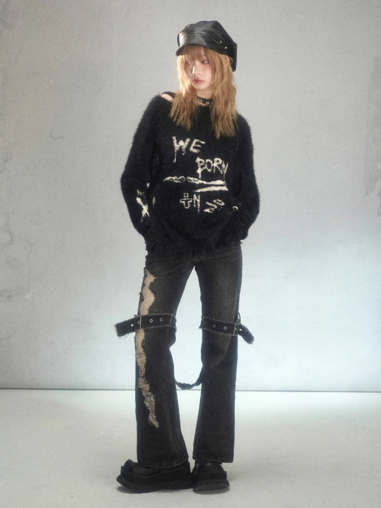 Punk Graffiti Jacquard Mink Lazy Pullover Sweater Black [s0000003881]