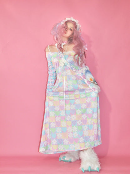 Flower Chess Board Print Long Dress【s0000003569】