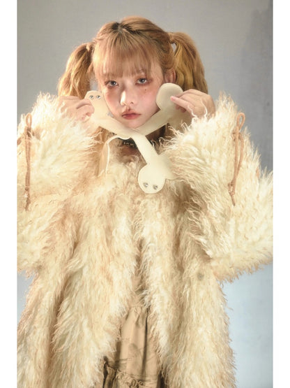 Punk Rivet Bone Mix Color Long Fur Loose Coat【s0000003874】