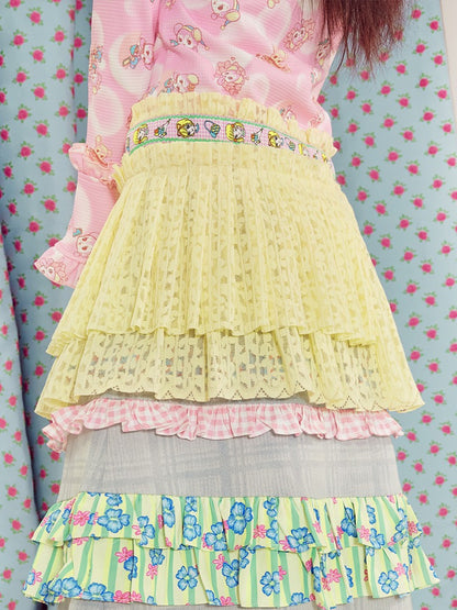 Shimizu Illustration Ribbon Lace Pleated Tiered Apron Skirt【s0000003652】