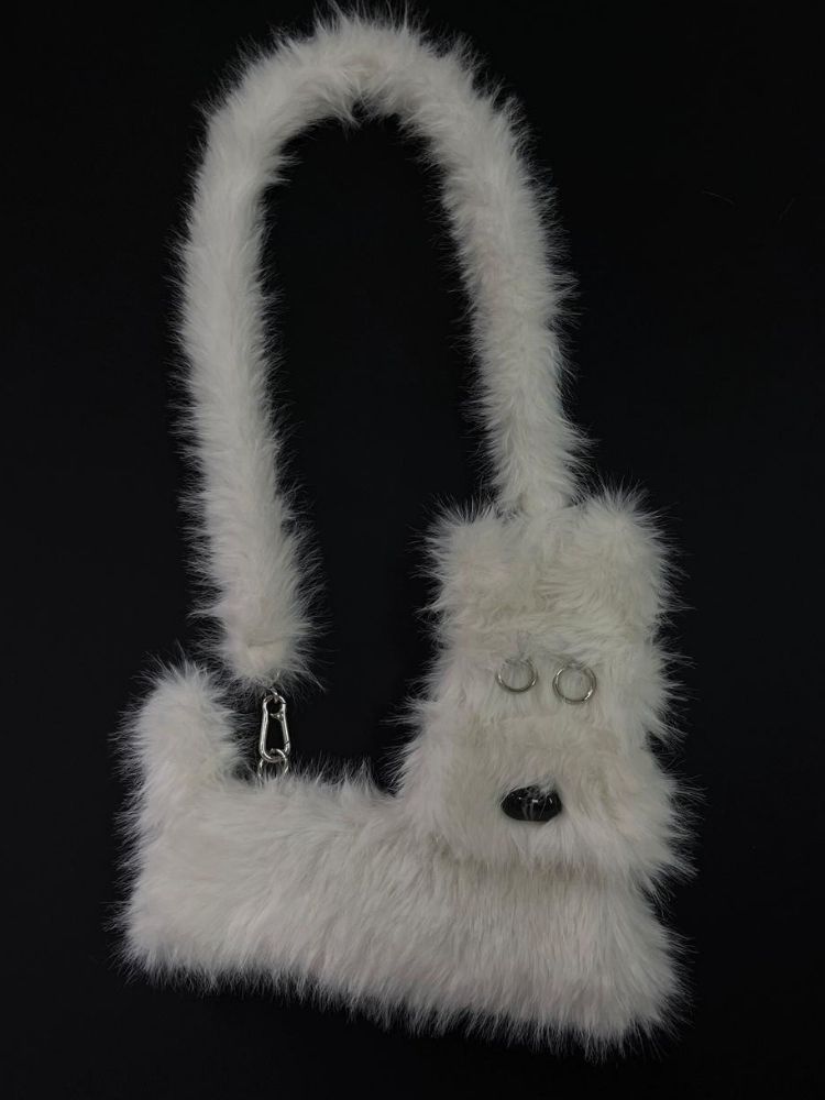 White Terrier Faux Fur Crossbody Plush Bag [s0000005201]